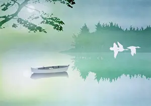 Greensmith: Lake scene with boat and three birds