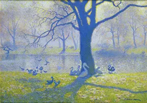 Pointillist: Lake Scene ' trees and birds by a lake