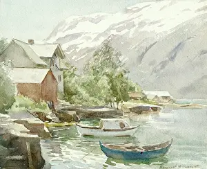 Harbours: Lakeside with boats, house and mountains