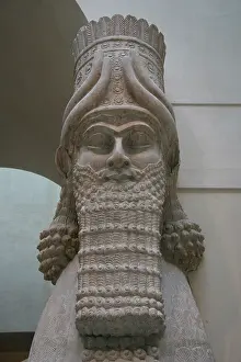 Assyrian: Lamasu or Bull-man. Detail of the head. Reliefs from Sargon