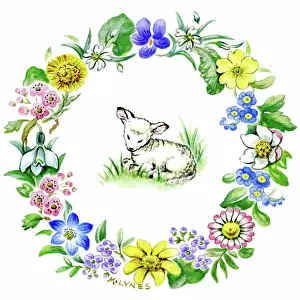 Snowdrop: Lamb in a wreath of spring flowers