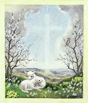 Blackthorn: Two lambs, blackthorn and thrush with cross