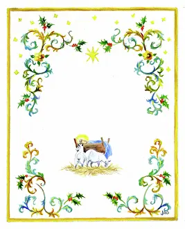 Ockenden: Two lambs beside Christ child in manger
