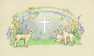 Cloke: Lambs, cross and rainbow - three lambs with spring flowers