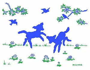 Skipping: Two lambs skipping with three birds above