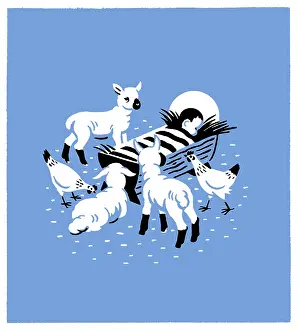 Two Colour: Three lambs by the sleeping Holy Child