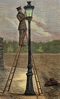 Employee: Lamplighter cleaning an old lamppost