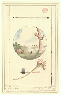 Tondo: Landscape with aborigines, in tondo surrounded by tools and
