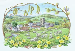Hazel: Landscape & border of primroses, hazel catkins