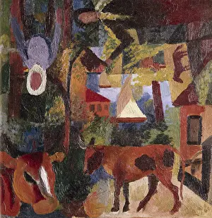 Blaue: Landscape with cows, sailing boat and figures