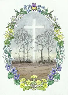 Windflowers: Landscape with Cross and trees within a wreath