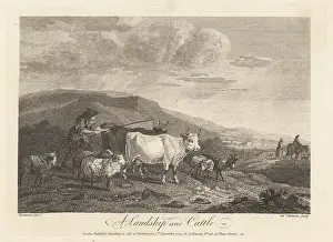 Stately Home: Landscape of a herder with crook, with cows, goats