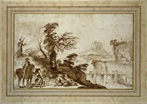 Guercino: Landscape with a Horseman and a Bridge (framed)