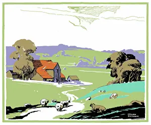 Sherwin: Landscape with sheep and farm
