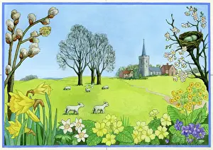 Primroses: Landscape with sheep and spring flowers