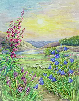 Countenance: Landscape with sunrise, river and sheep grazing
