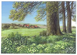 Primroses: Landscape with wild flowers, trees and farm