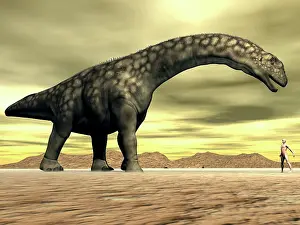 Telepathy: Large Argentinosaurus dinosaur face to face with a human