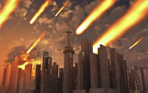 Destroy: A large asteroid and its debris falling on a futuristic city
