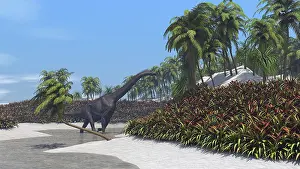 Riverbed: Large Brachiosaurus grazing on tropical plants