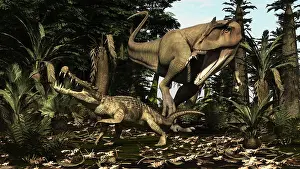 Alligator: A large Carcharodontosaurus attacks a Kaprosuchus