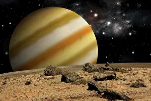 Uninhabited: A large cloud covered planet rises over a rocky and barren ?