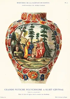 Faience: Large colourful vase with central image of Jesus, Rouen