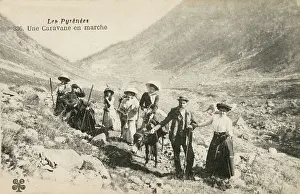 Nowhere: Large family group led through a valley in the Pyrenees