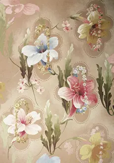 Dotted: Five large flowers - two yellow, two pink and a light blue