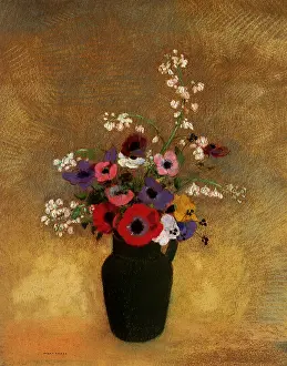 Odilon: Large Green Vase with Mixed Flowers, by Odilon Redon