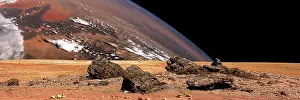 Uninhabited: A large planet rises over the airless environment of a ?