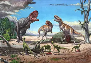 Alertness: A large Rajasaurus roars in an attempt to scare two ?