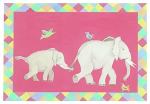 Alison: Large and small Elephant with Birds