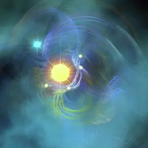 Twisted: A large sun is veiled by surrounding nebular clouds