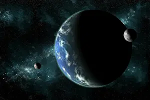 Satellites: A large water covered planet with two moons alone in deep ?