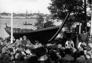 Prop: Launching of a replica Viking ship on the river Weser, 1