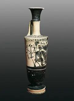 Lekythos: Lekythos decorated with a soldier figure. 5th