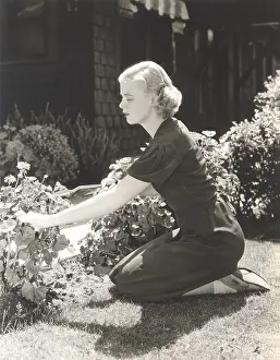 Shears: Full length side view of young woman pruning plants