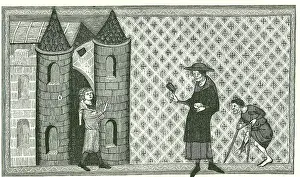 Begging: Leprosy: Leper with begging bowl and bell or rattle