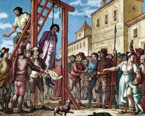 1807: Lesser Antilles. Grenada. Governor hanged. Engraving. Colore