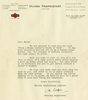 Milton: Letter from Milton Proprietary enclosing a booklet