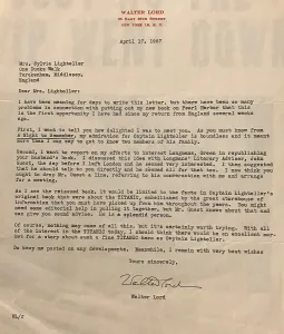 Lightoller: Letter from Walter Lord to Mrs Sylvia Lightoller