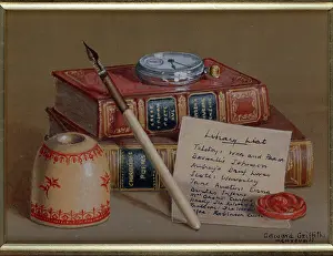 Inkwell: The Library List with books, pen, inkwell etc