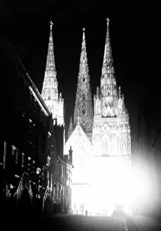 Floodlit: Lichfield Cathedral floodlit in 1951