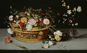 Audley: Still Life with basket & vase of flowers