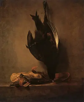1760: Still Life with Dead Pheasant & Hunting Bag, by Chardin