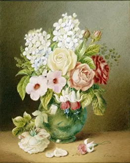 Fuschia: Still Life of flowers in a green vase