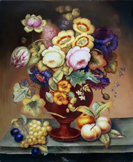 Plums: Still Life of Flowers in an urn with Fruit
