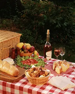 Tablecloths: Still Life Picnic Items Red Checked Tablecloths Wine Baske