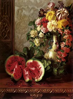 Watermelon: Still Life: Vase of Flowers and Watermelon
